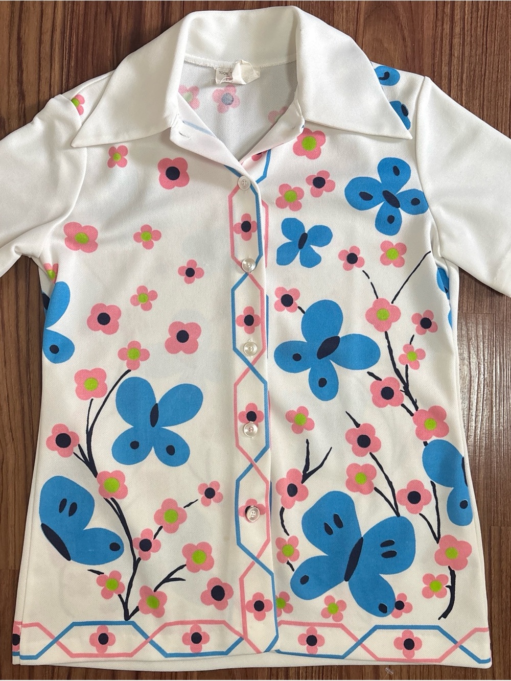 VTG 70s Funky Collared Shirt with Butterfly and Flower Print - Picture 1 of 7